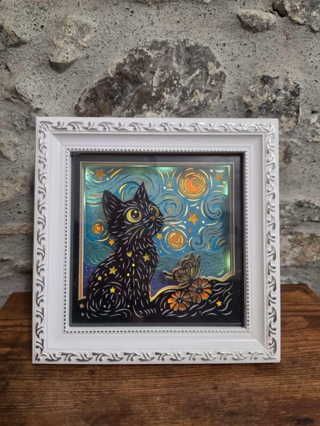 Cadre chat façon Van Gogh